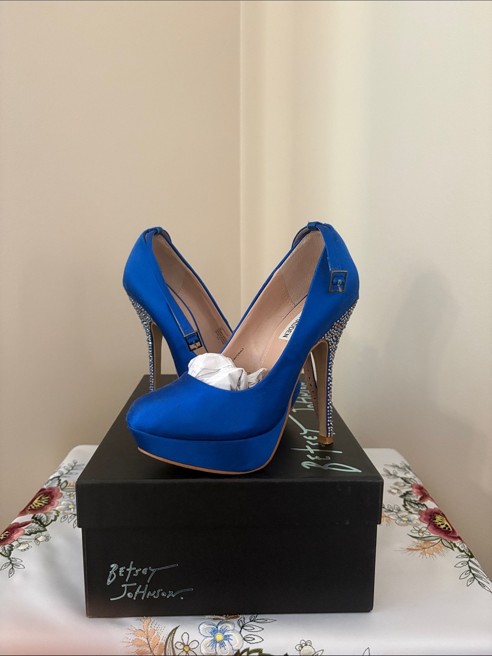 Betsey Johnson Royal Blue Satin Platform Crystal-Heel Pumps